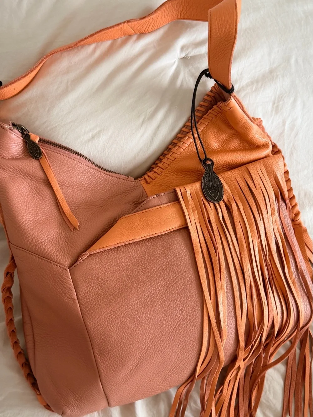 Vintage MUXO Camila Alves Leather Fringe Hobo Bag Rare Rose Peach